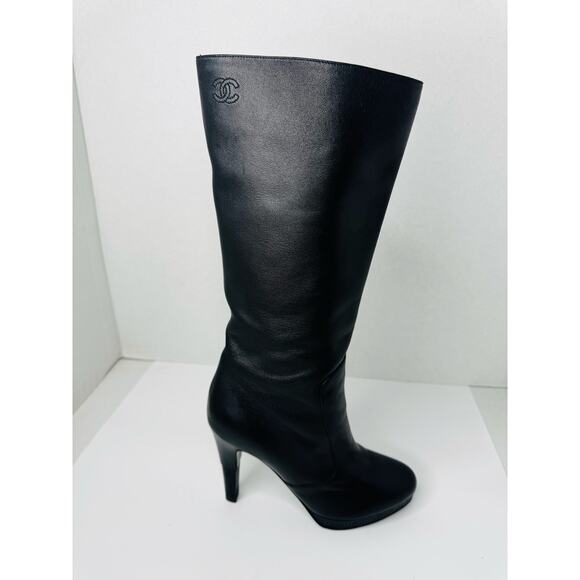 Chanel Vintage Black Leather Platform Mid-Calf Boots w/ CC Logo Size EU 37.5 - Picture 12 of 13